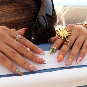 Summer Press On Nails With Shark & ​​Hibiscus Flower | Medium Almond Fake Nails | Sunset Handmade Nails Art For Beach Vacation Or Gift