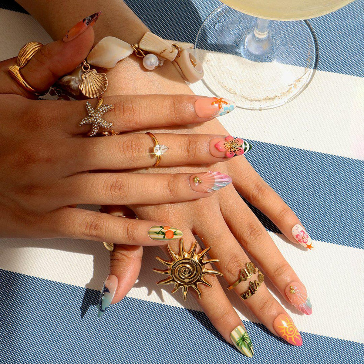 Summer Press On Nails With Shark & ​​Hibiscus Flower | Medium Almond Fake Nails | Sunset Handmade Nails Art For Beach Vacation Or Gift