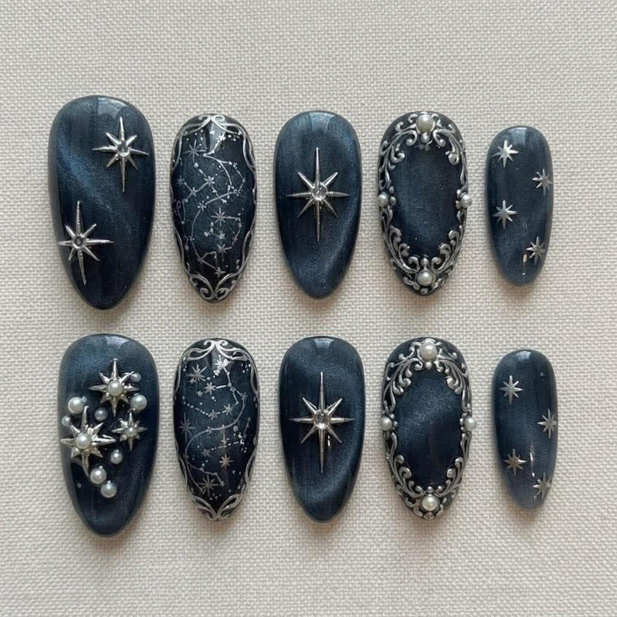 Celestial Press On Nails / Midnight Blue Custom Nails / 3D Silver Star, Pearl And Constellation Art / Handmade Nails image 1