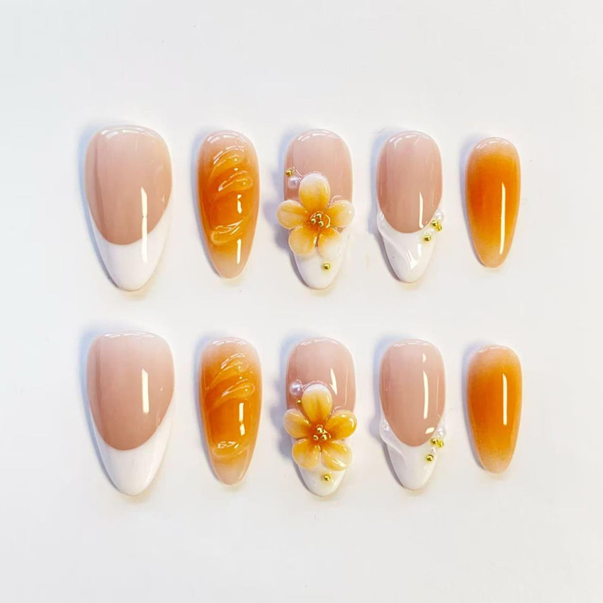 Summer Orange flower nails/press on nails long almond nails/custom nails/3D Gel Nails/White French nails/Orange Blooming nails/Daily nails image 1