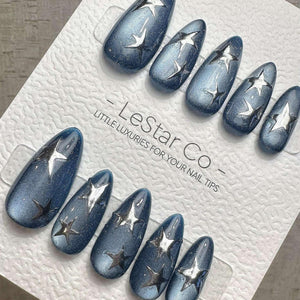 Handmade Celestial Star Cat Eye Gel Press On Nails – Sparkle Blue Manicure image 6