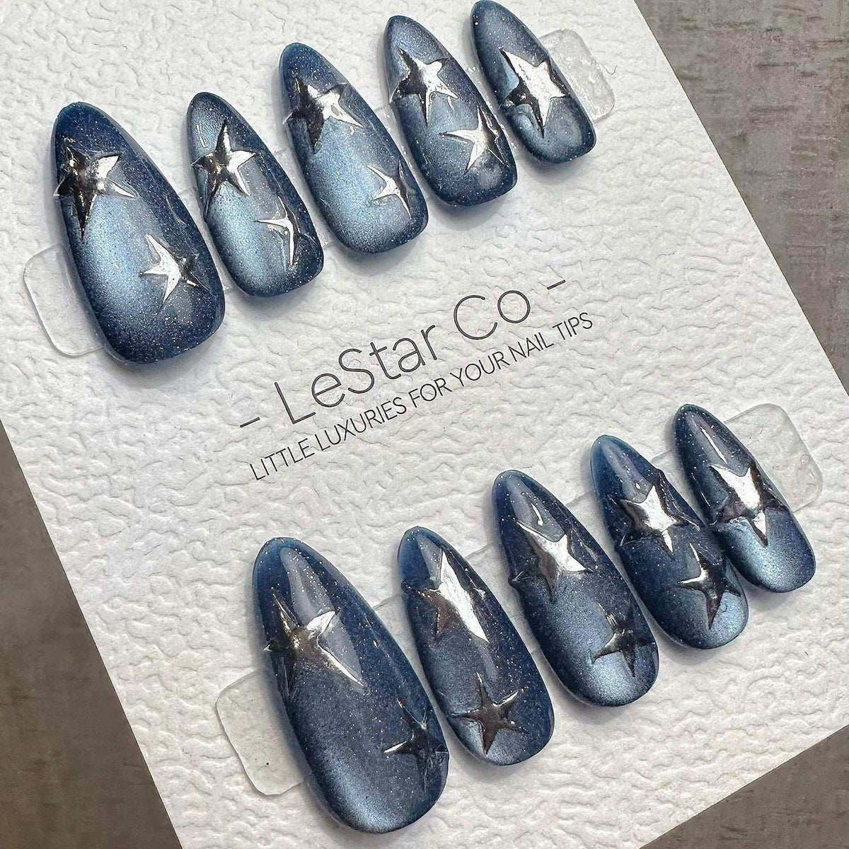 Handmade Celestial Star Cat Eye Gel Press On Nails – Sparkle Blue Manicure image 3