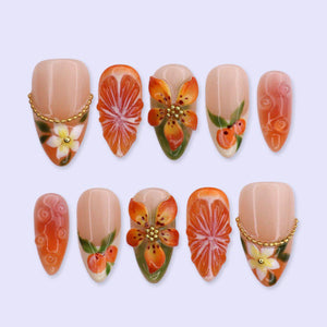 Summer Press On Nails With Orange Slice & 3D Floral Art | Medium Almond Fake Nails | Handmade Nail Art for Vacation, Picnic & Gift