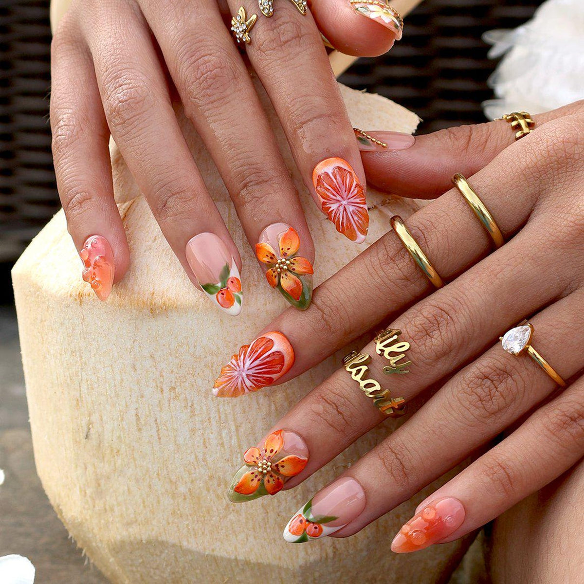Summer Press On Nails With Orange Slice & 3D Floral Art | Medium Almond Fake Nails | Handmade Nail Art for Vacation, Picnic & Gift
