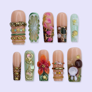 Tropical Luxe Press On Nails With Hibiscus 3D, Citrus Slice & Gold Chrome | Long Square Fake Nails | Handmade Nails Art for Summer