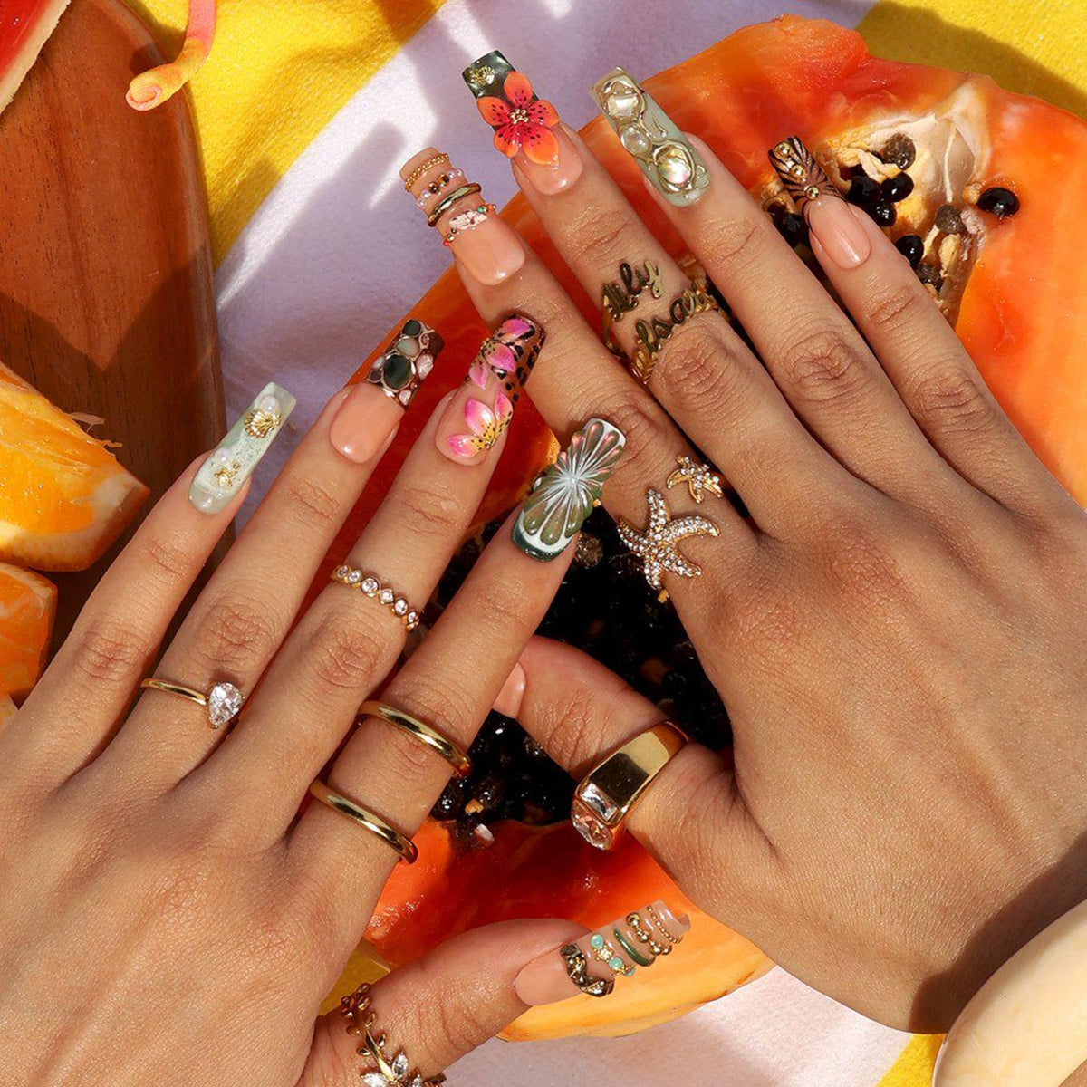 Tropical Luxe Press On Nails With Hibiscus 3D, Citrus Slice & Gold Chrome | Long Square Fake Nails | Handmade Nails Art for Summer
