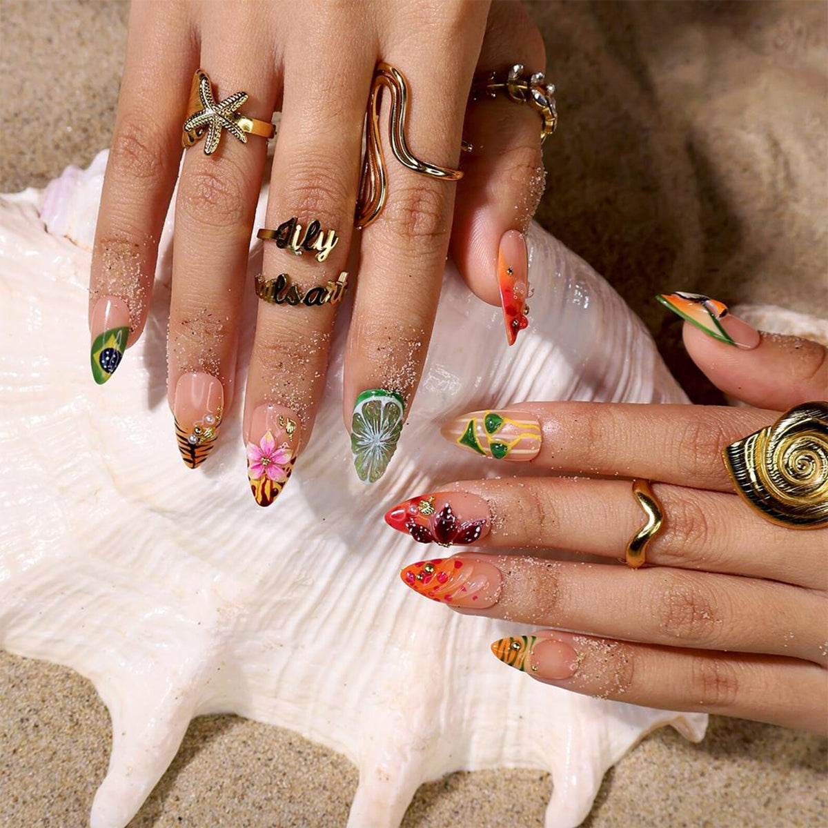 Tropical Toucan Press On Nails With Lime Slice & Jungle Leaf Art | Medium Almond Fake Nails | Handmade Nails Art Summer Vacation , Holiday