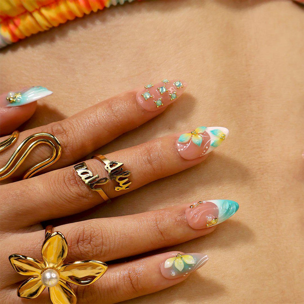 Summer Press On Nails With Aqua French Tips, Crystal Details & Gold Accents | Medium Almond Fake Nails | Handmade Nails Art Luxury Vacation