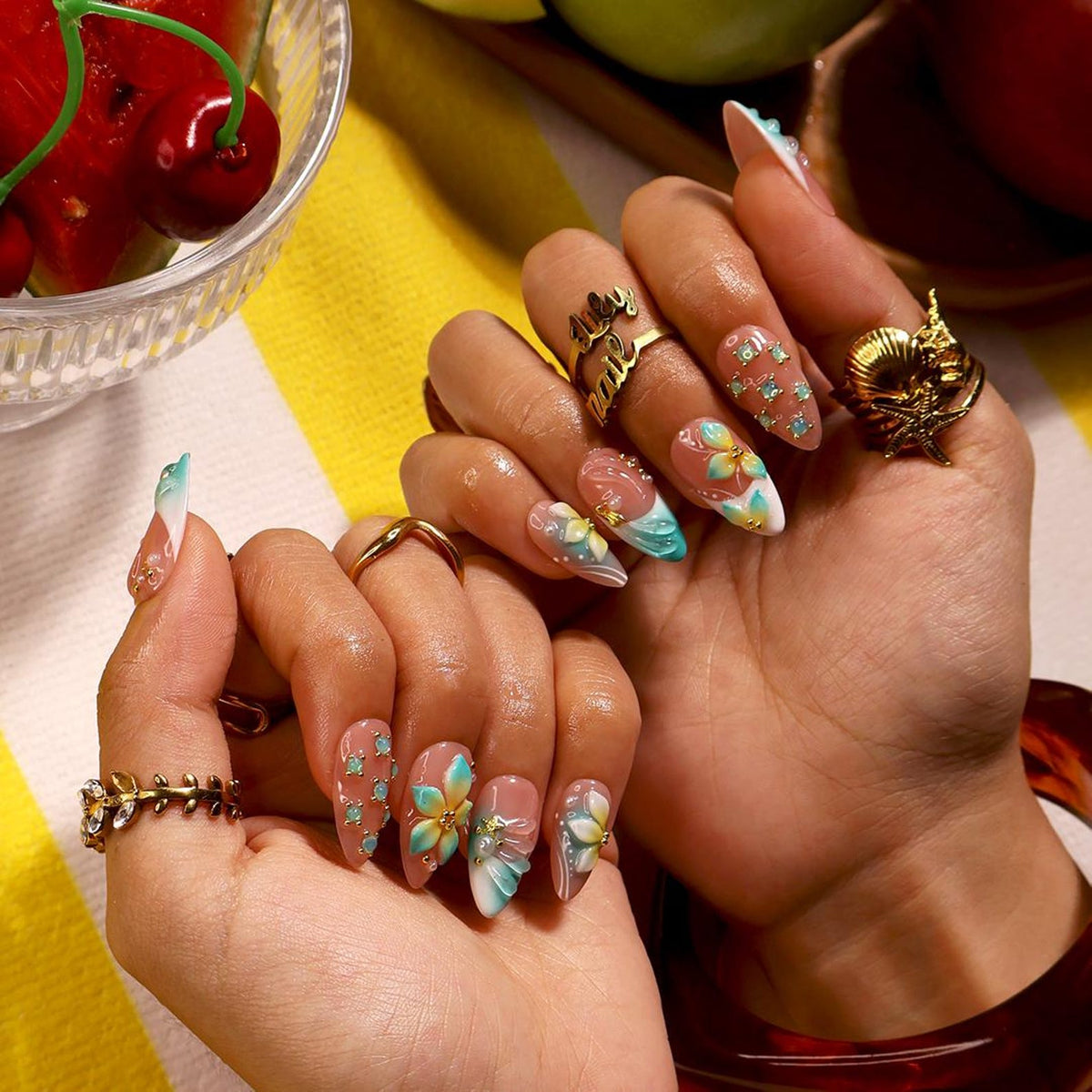 Summer Press On Nails With Aqua French Tips, Crystal Details & Gold Accents | Medium Almond Fake Nails | Handmade Nails Art Luxury Vacation