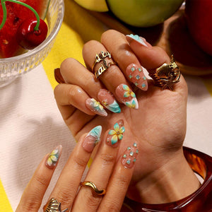 Summer Press On Nails With Aqua French Tips, Crystal Details & Gold Accents | Medium Almond Fake Nails | Handmade Nails Art Luxury Vacation