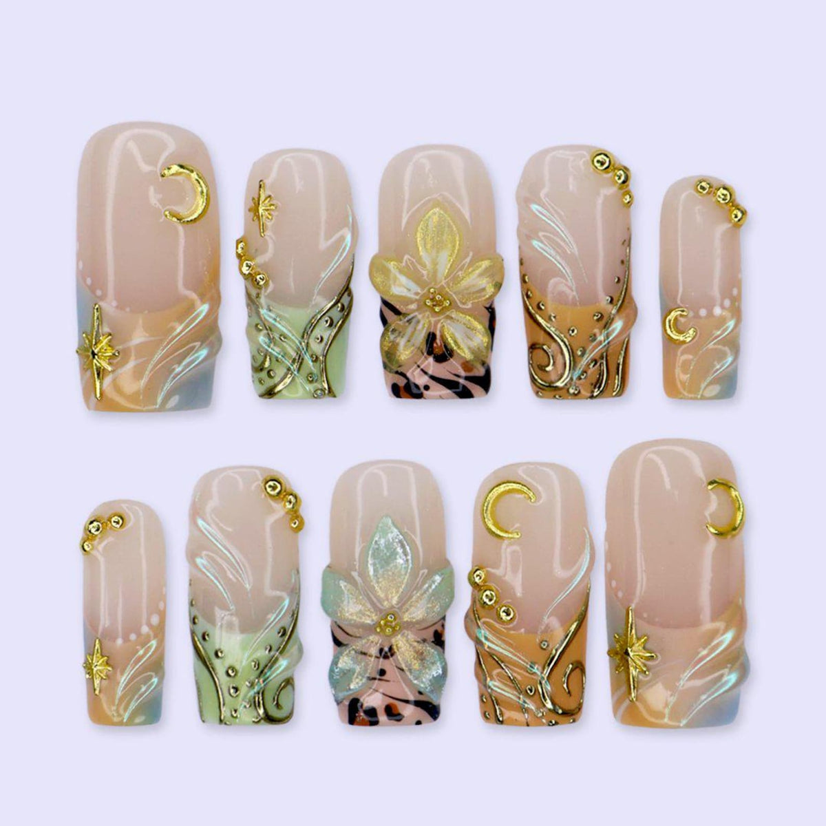 Luxury Press On Nails With Moon, Star & Gold Chrome Details | Medium Square Fake Nails | Handmade Nails Art For Summer Holiday & Party