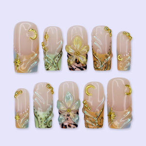 Luxury Press On Nails With Moon, Star & Gold Chrome Details | Medium Square Fake Nails | Handmade Nails Art For Summer Holiday & Party