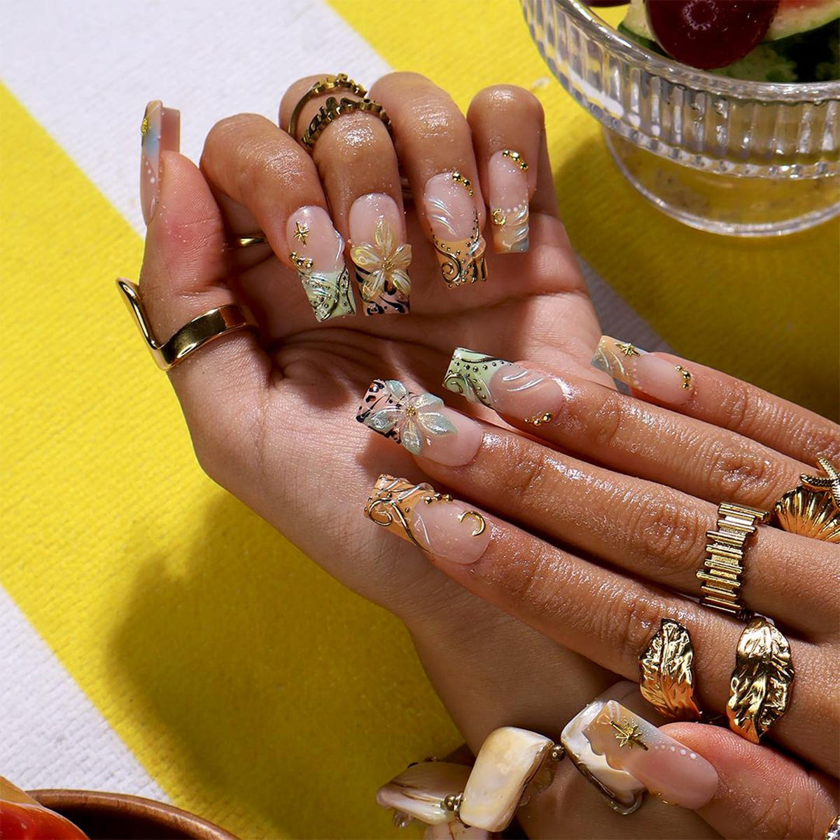 Luxury Press On Nails With Moon, Star & Gold Chrome Details | Medium Square Fake Nails | Handmade Nails Art For Summer Holiday & Party