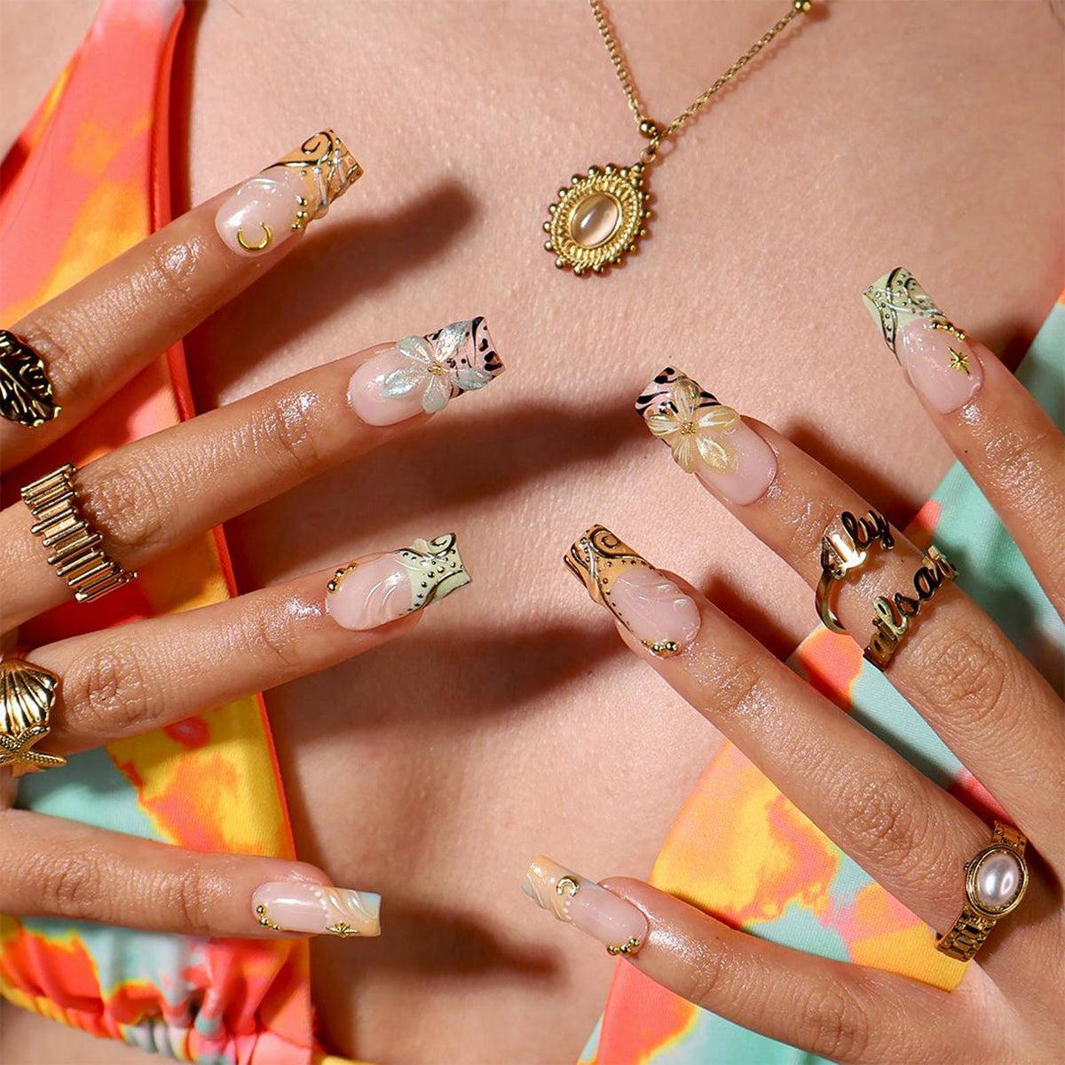 Luxury Press On Nails With Moon, Star & Gold Chrome Details | Medium Square Fake Nails | Handmade Nails Art For Summer Holiday & Party