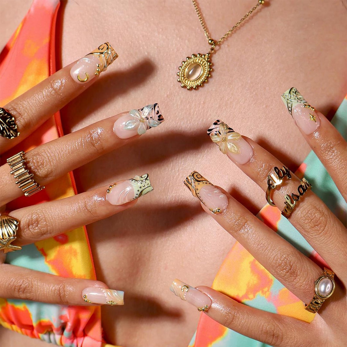 Luxury Press On Nails With Moon, Star & Gold Chrome Details | Medium Square Fake Nails | Handmade Nails Art For Summer Holiday & Party