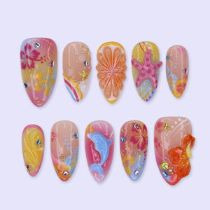 Summer Press On Nails With Dolphin, Citrus & Starfish | Medium  Almond Fake Nails | Handmade Nails Art For Luxury Beach Vacation and Gift