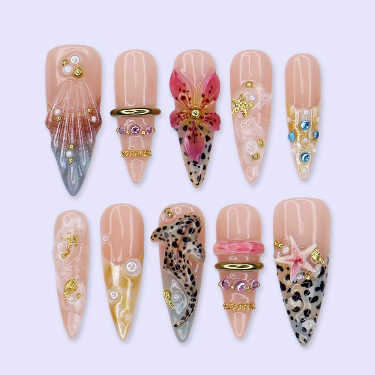 Summer Press On Nails With Hibiscus 3D, Leopard Shark and Starfish | Long Almond Fake Nails | Luxury Handmade Nail Art For Vacation & Gift