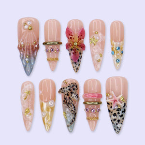 Summer Press On Nails With Hibiscus 3D, Leopard Shark and Starfish | Long Almond Fake Nails | Luxury Handmade Nail Art For Vacation & Gift