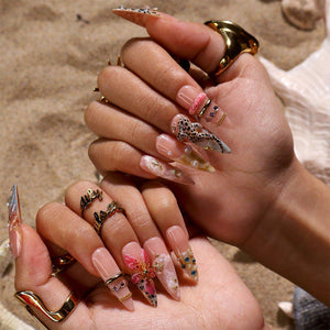 Summer Press On Nails With Hibiscus 3D, Leopard Shark and Starfish | Long Almond Fake Nails | Luxury Handmade Nail Art For Vacation & Gift