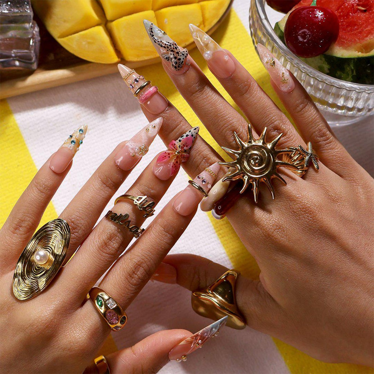 Summer Press On Nails With Hibiscus 3D, Leopard Shark and Starfish | Long Almond Fake Nails | Luxury Handmade Nail Art For Vacation & Gift