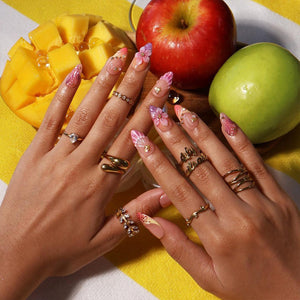 Summer Press On Nails With Seashell, Hibiscus Flower & Starfish Details | Medium Almond Fake Nails | Handmade Nail Art For Holiday and Daily