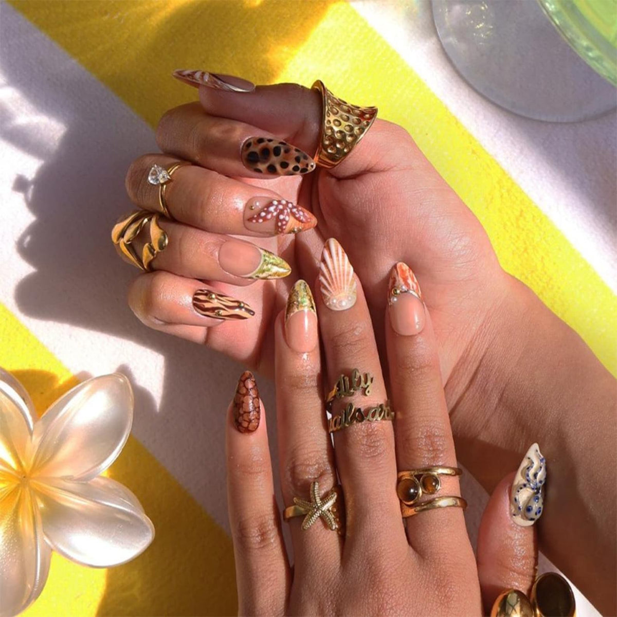 Ocean Life Summer Press On Nails With Octopus, Seashell & Starfish Details | Medium Almond Fake Nails | Handmade Nail Art For Beach Vacation
