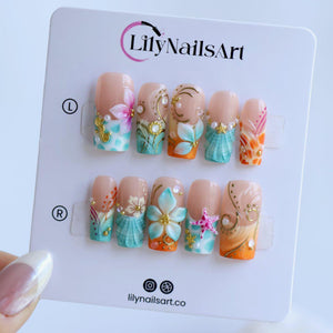 Summer Press On Nails With Seashell, Seahorse & Hibiscus Flower | Medium Square Fake Nails | Handmade Nail Art For Luxury Vacation and Gift