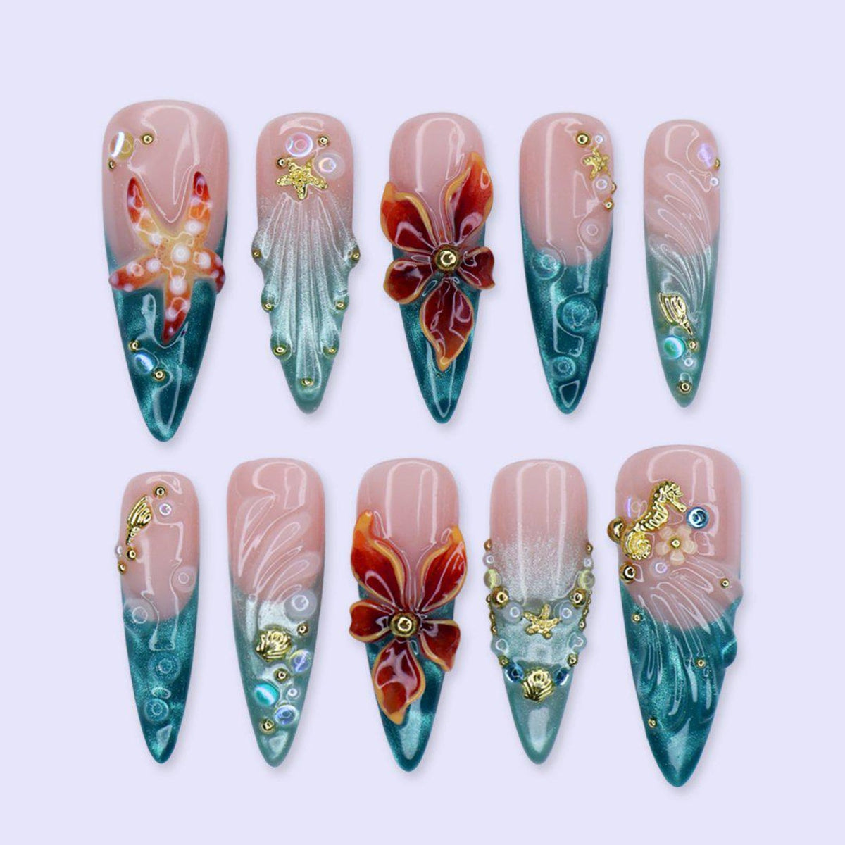Mermaid Summer Press On Nails With Seashell & 3D Flowers | Long Almond  Fake Nails | Handmade Nails Art For Beach Vacation and Gift