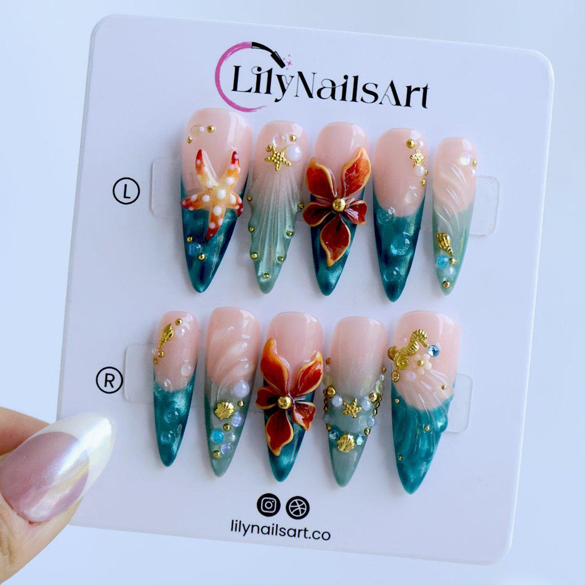 Mermaid Summer Press On Nails With Seashell & 3D Flowers | Long Almond  Fake Nails | Handmade Nails Art For Beach Vacation and Gift