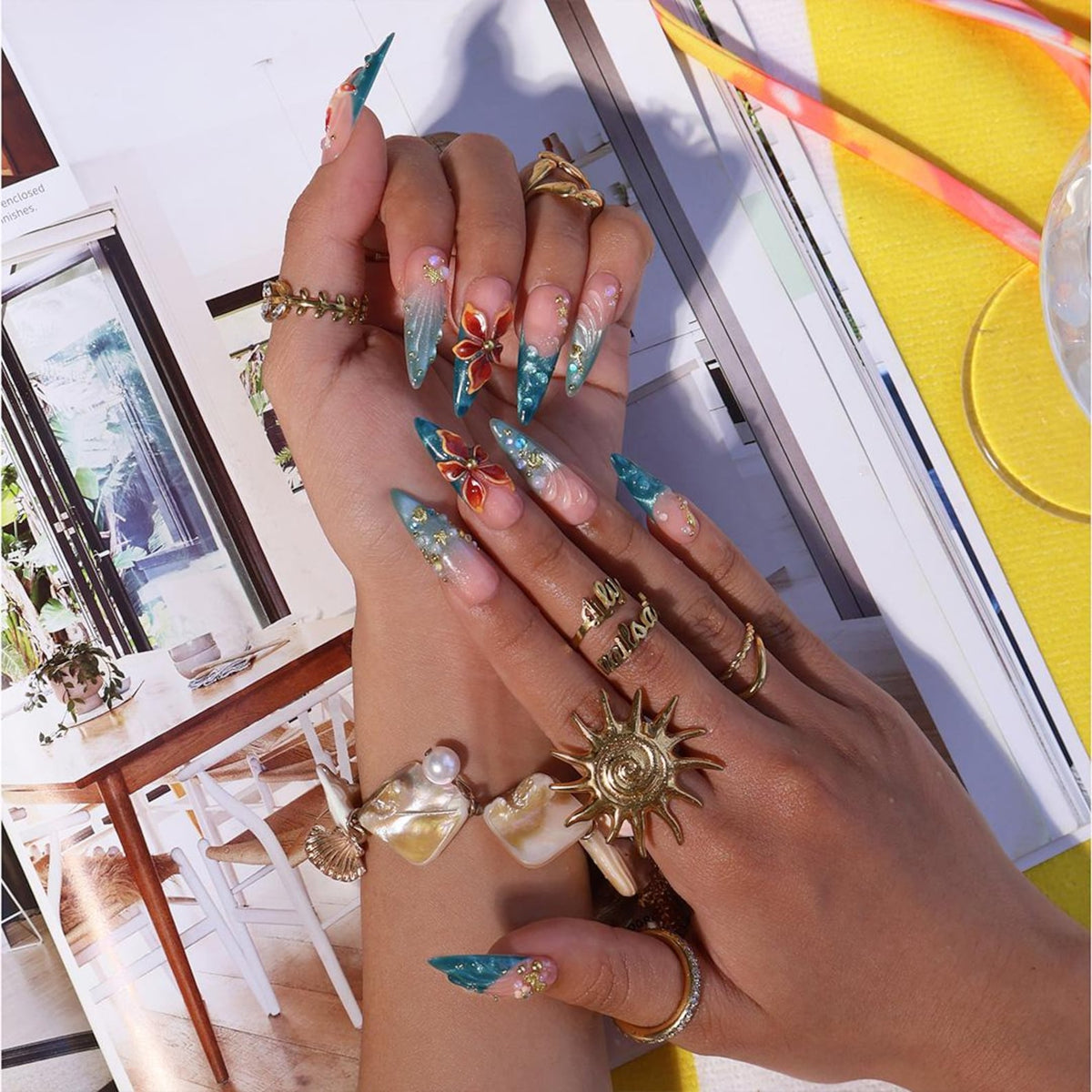 Mermaid Summer Press On Nails With Seashell & 3D Flowers | Long Almond  Fake Nails | Handmade Nails Art For Beach Vacation and Gift
