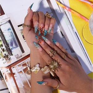 Mermaid Summer Press On Nails With Seashell & 3D Flowers | Long Almond  Fake Nails | Handmade Nails Art For Beach Vacation and Gift