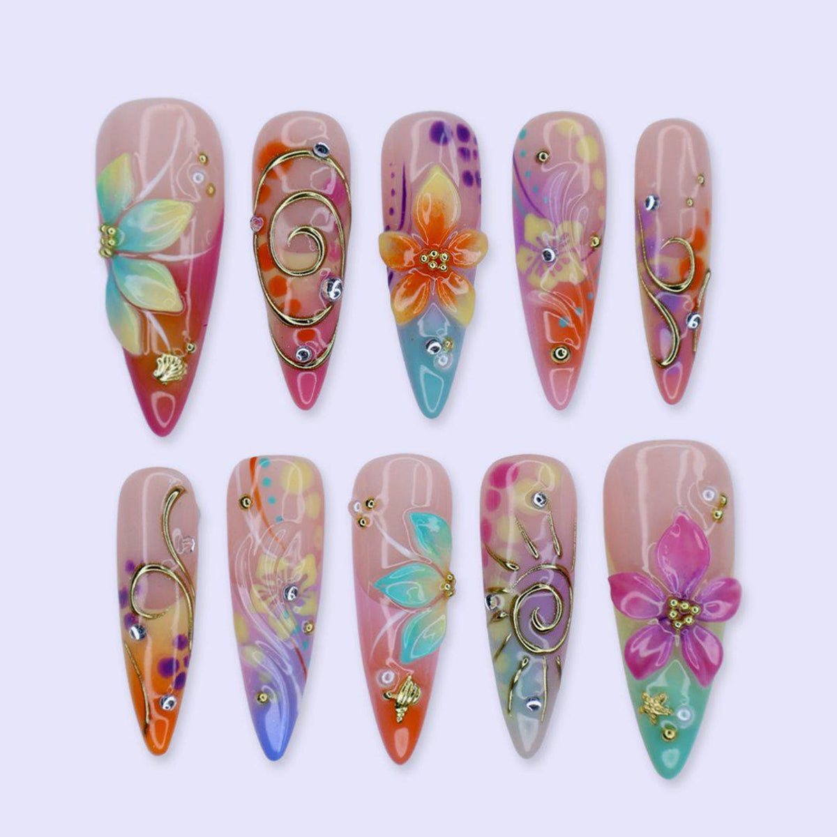 Summer Press On Nails With Hibiscus 3D, Gold Swirl & Colorful Ombre | Long Almond Fake Nails | Handmade Nails Art For Travel & Holiday
