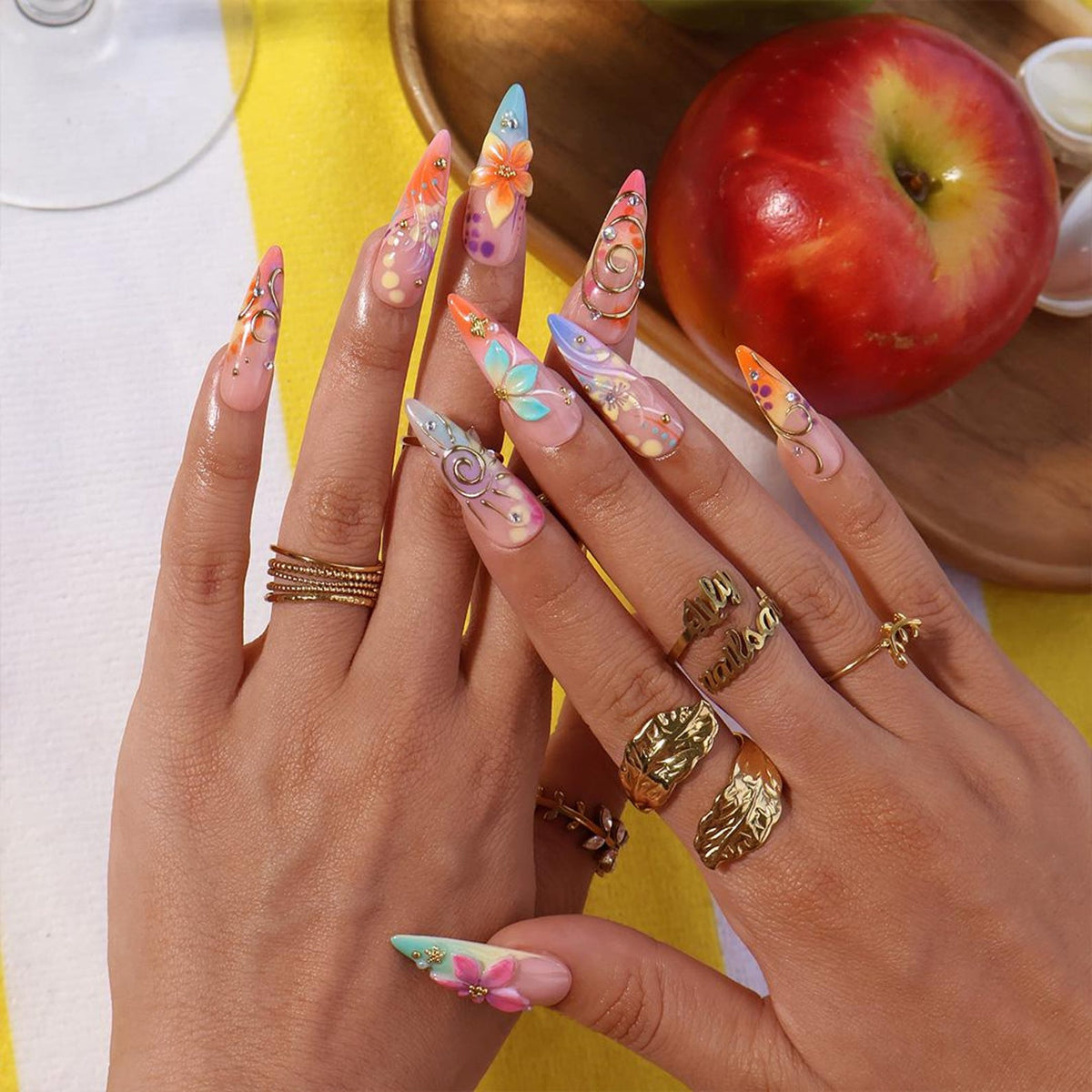 Summer Press On Nails With Hibiscus 3D, Gold Swirl & Colorful Ombre | Long Almond Fake Nails | Handmade Nails Art For Travel & Holiday