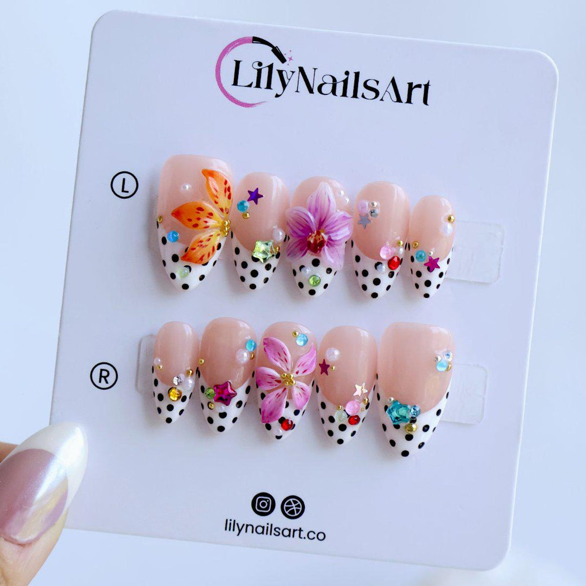 Polka Dot Summer Press On Nails With Orchid Flower & Colorful Gem | Medium Almond Fake Nails | Handmade Nail Art For Holiday Or Gift