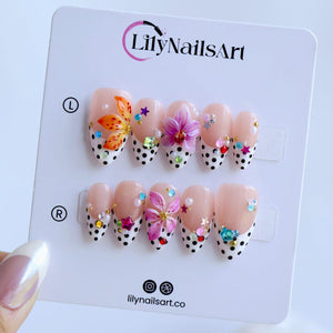 Polka Dot Summer Press On Nails With Orchid Flower & Colorful Gem | Medium Almond Fake Nails | Handmade Nail Art For Holiday Or Gift