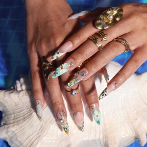 Luxury Coastal Summer Press On Nails With Gold Chrome Swirls & Zebra Accent | Long Almond Fake Nails | Handmade Nail Art For Holiday Season
