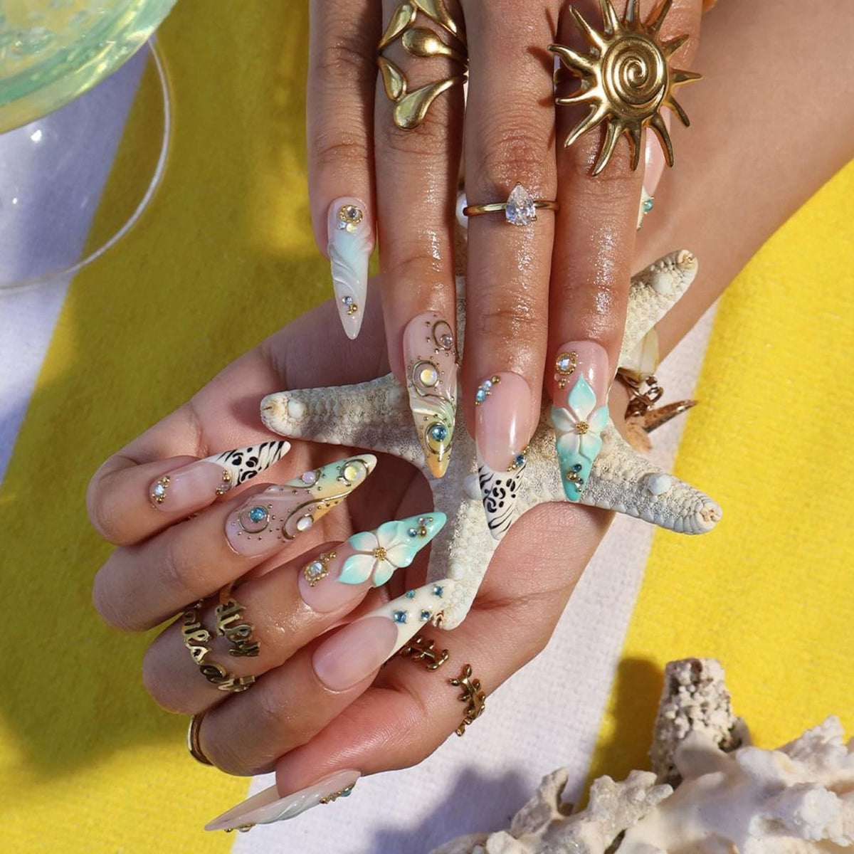 Luxury Coastal Summer Press On Nails With Gold Chrome Swirls & Zebra Accent | Long Almond Fake Nails | Handmade Nail Art For Holiday Season