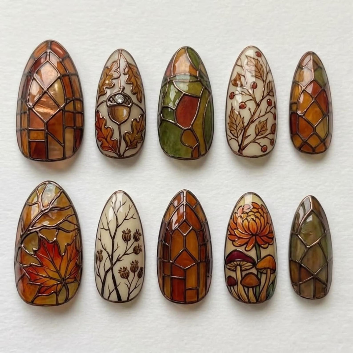 A set of ten almond-shaped press-on nails featuring autumn-themed designs. Patterns include stained glass geometric grids in orange and green, detailed illustrations of acorns, oak leaves, maple leaves, berries, and mushrooms.