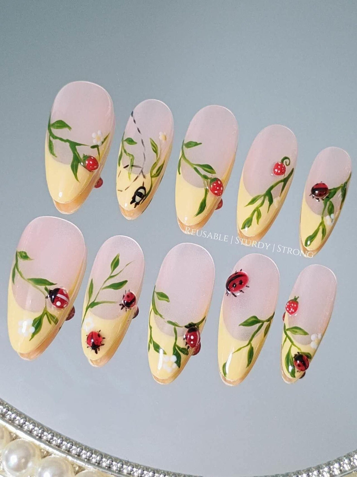 Cute Ladybug on Leaf | Reusable Sturdy Strong Gel Fake Acrylic Nails | short medium long press on nail's, handmad gifts, xwj75 image 4