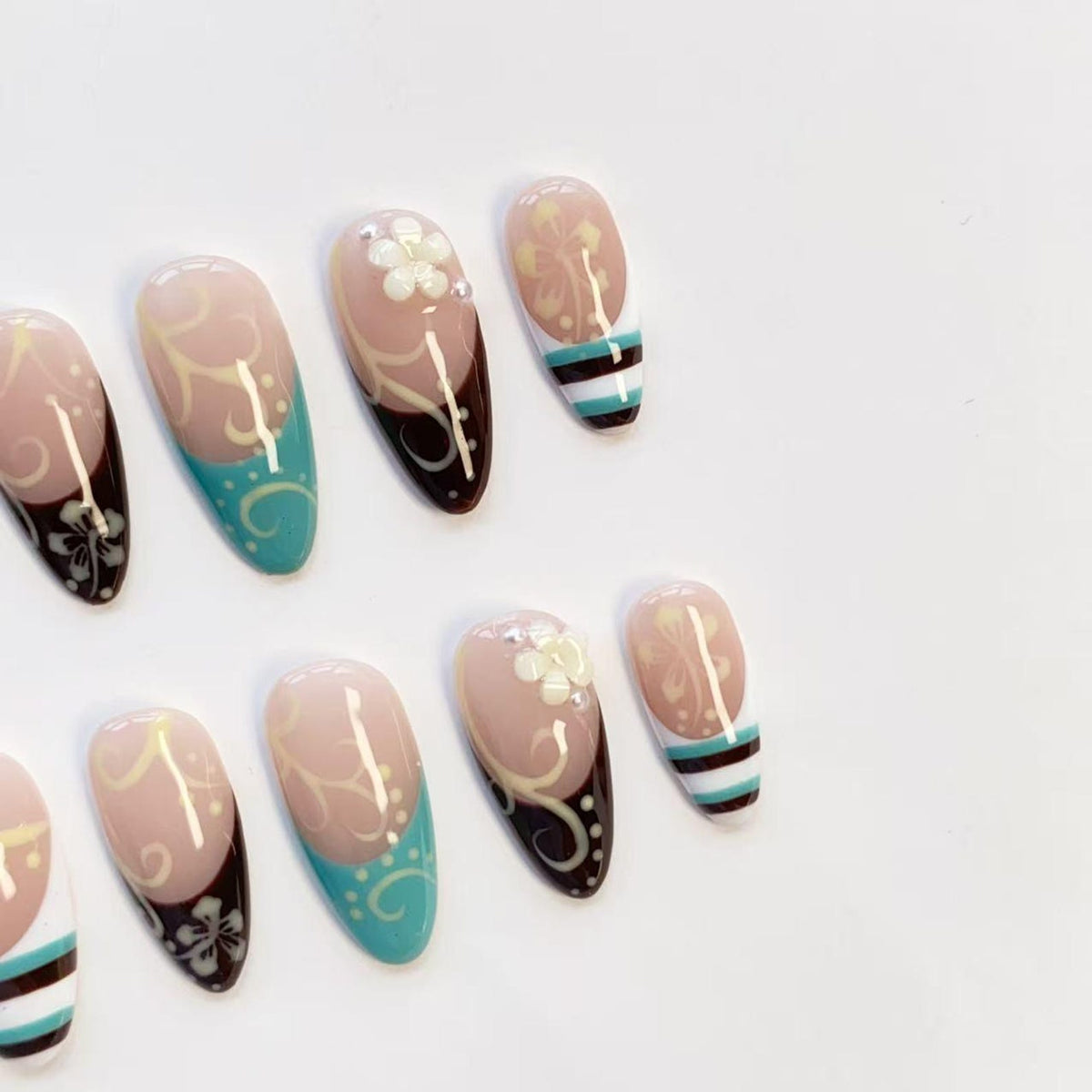 Floral Vine Nails/Press On Nails Long Almond Nails/Brown Teal Stripe Nails/Retro Elegant Nails/Spring Summer Nails/Daily Nails/Custom Nails image 6