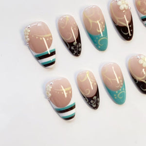 Floral Vine Nails/Press On Nails Long Almond Nails/Brown Teal Stripe Nails/Retro Elegant Nails/Spring Summer Nails/Daily Nails/Custom Nails image 4