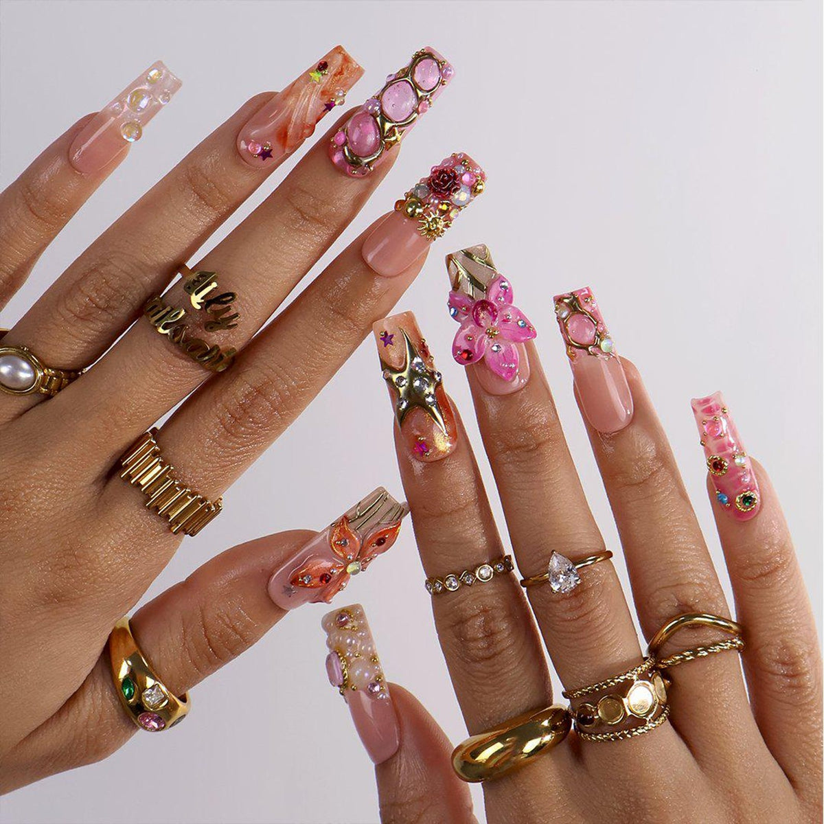 Maximal Press On Nails Pink 3D Flowers & Gold Chrome Details | Long Square Fake Nails | Handmade Glam Nail Art for Vacation, Party, Birthday