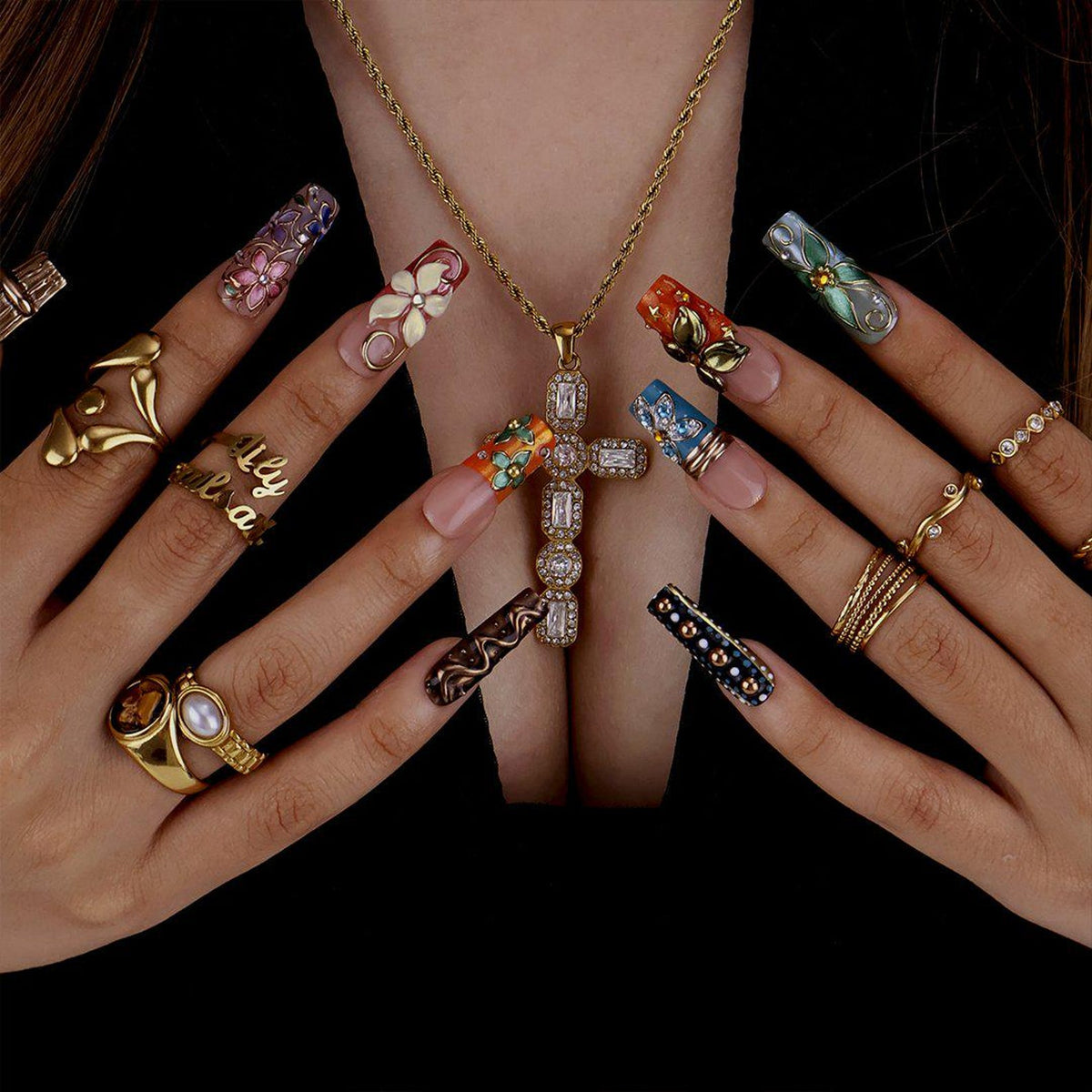 Maximal Press On Nails With Vintage Clock, 3D Flowers & Gold Chrome Details | Long Square Fake Nails | Handmade Nail Art for Vacation, Party