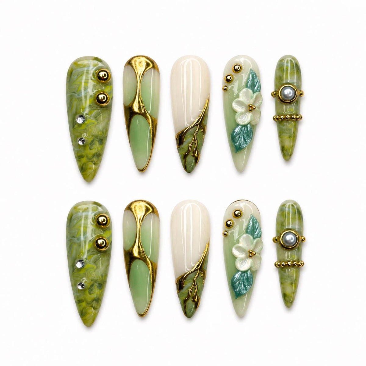 Green marble press on nails with botanical leaf art, 3D white flowers, gold chrome accents, pearl embellishments, and glossy square shape