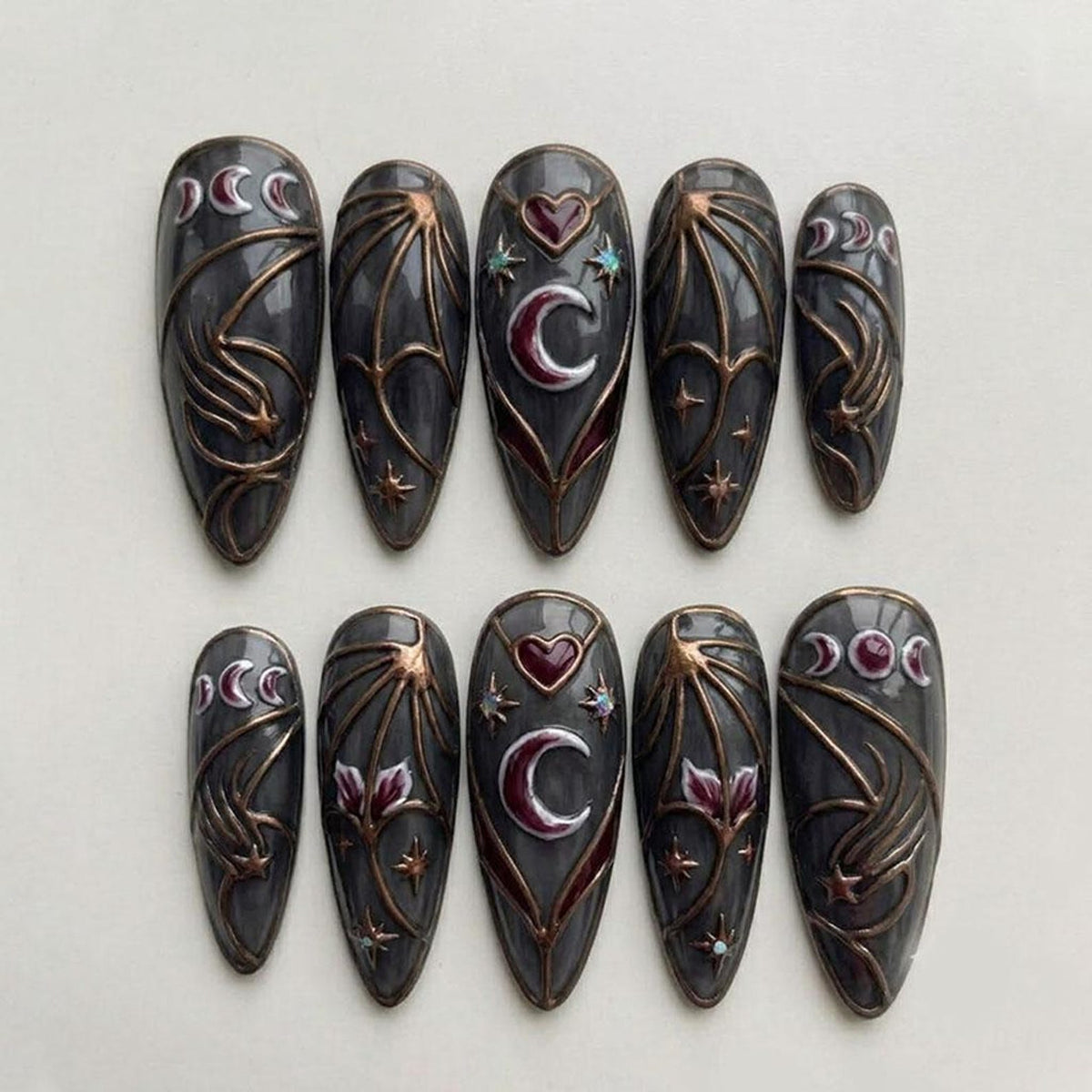 Handmade Gothic Celestial Press On Nails | Dark Gray Moon Phase Bat Wing Nail Art | Witchy Fantasy Almond Fake Nails | Mystic Gothic Gift image 1