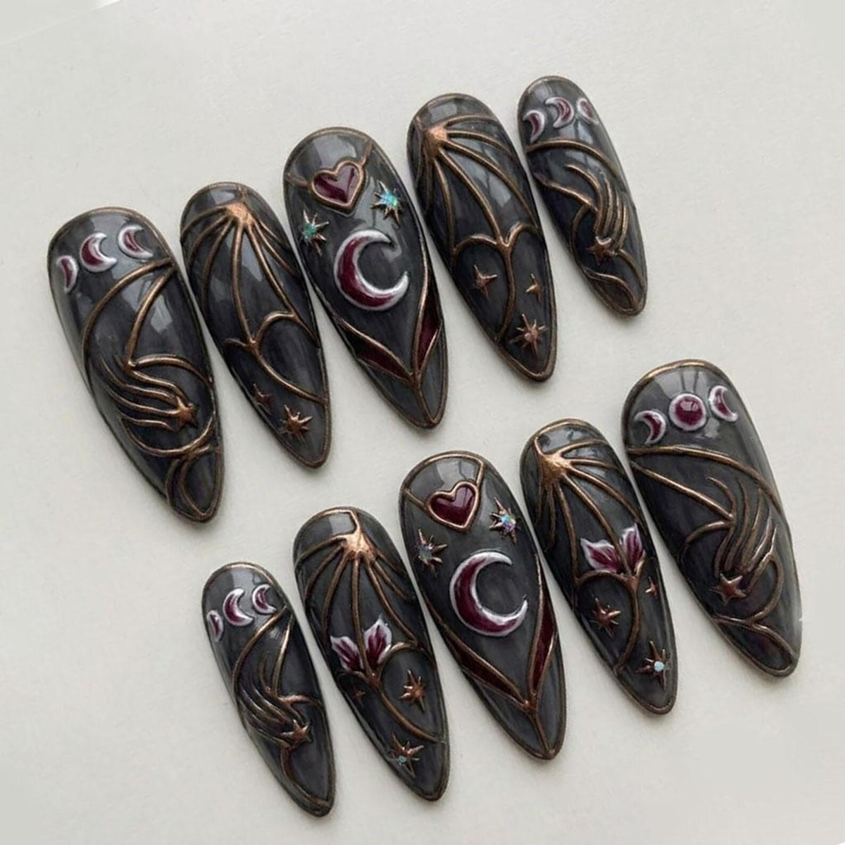 Handmade Gothic Celestial Press On Nails | Dark Gray Moon Phase Bat Wing Nail Art | Witchy Fantasy Almond Fake Nails | Mystic Gothic Gift image 2