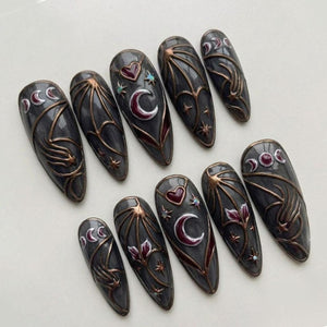 Handmade Gothic Celestial Press On Nails | Dark Gray Moon Phase Bat Wing Nail Art | Witchy Fantasy Almond Fake Nails | Mystic Gothic Gift image 2