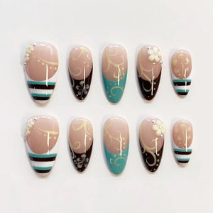 Floral Vine Nails/Press On Nails Long Almond Nails/Brown Teal Stripe Nails/Retro Elegant Nails/Spring Summer Nails/Daily Nails/Custom Nails image 1