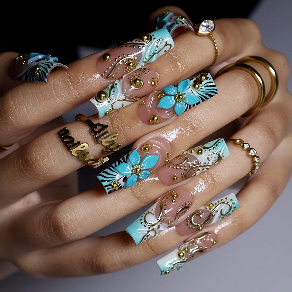 Maximal Press On Nails with 3D Teal Floral, Gold Swirls & Zebra Design | Long Square Fake Nails | Handmade Nail Art For Vacation & Party