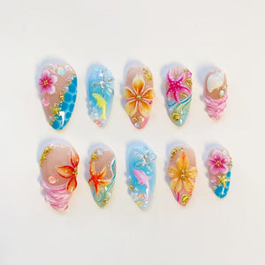 Starfish Bloom Elegance Press On Nails Long Almond Nails/Shark Flower Nails/Yellow Nails/Summer Nails/Shell Nails/Conch Nails/Birthday Nails image 1